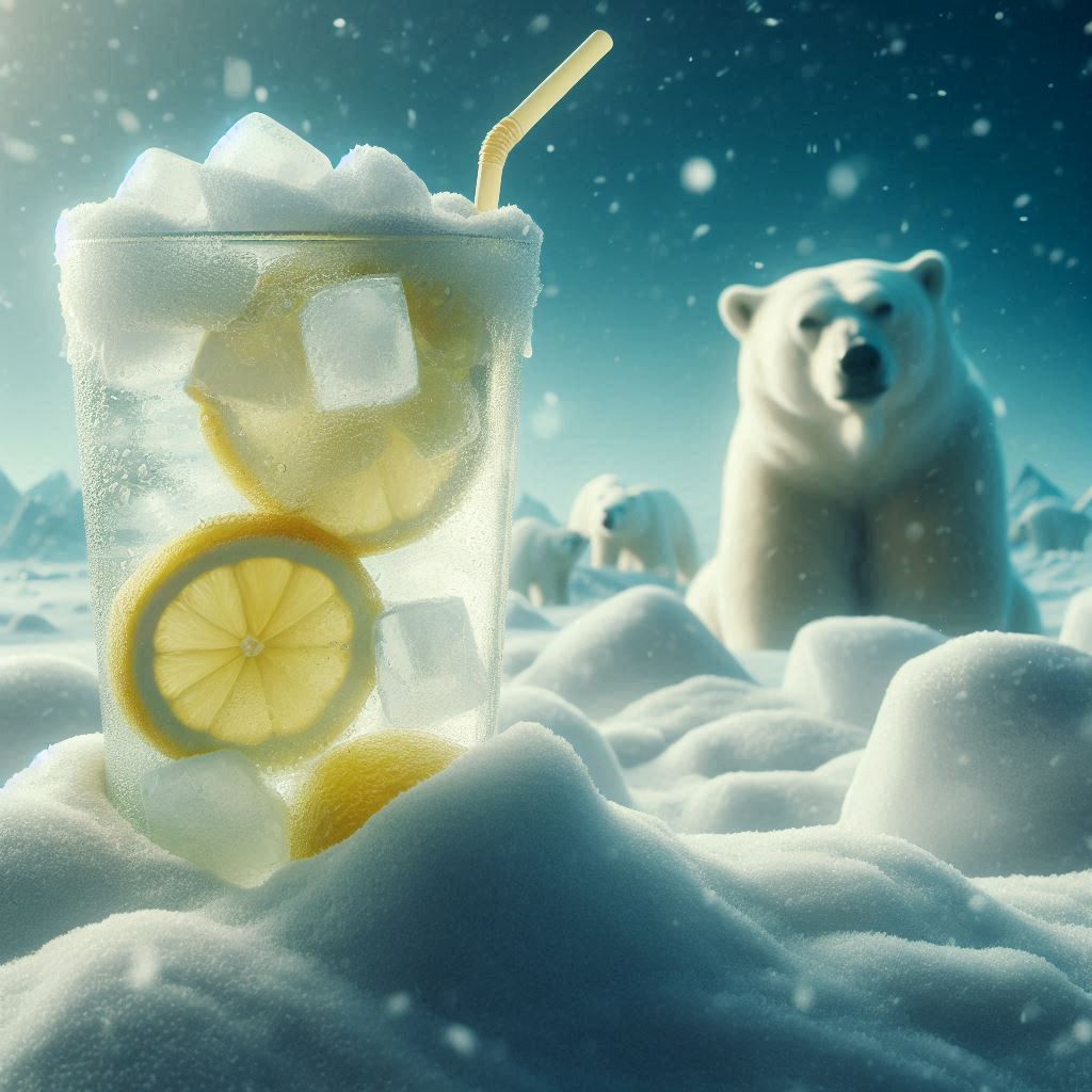 realistic image of a cold glass of lemonade chilling in a pile of snow, polar bears in the background。第 2 个图像，共 2 个图像