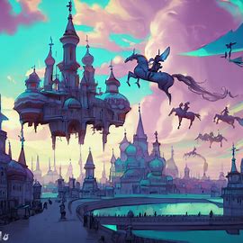 Draw me a fantastical scene in Moscow with floating palaces and flying horses.. Image 4 of 4