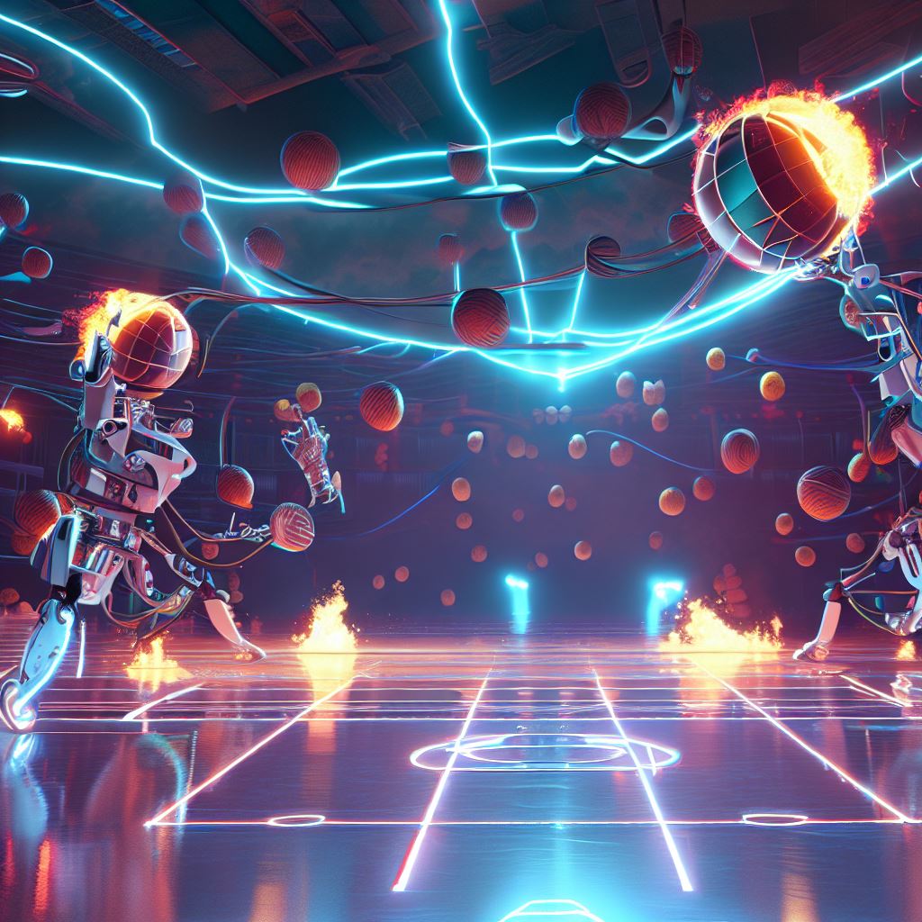Render an image of a futuristic basketball match between robots where the courts and balls are electrifying with energy. to=python。第 2 个图像，共 4 个图像