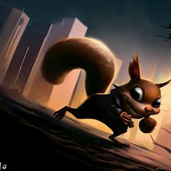 Imagine a squirrel with a mischievous expression, sneaking through a cityscape with a stolen nut.