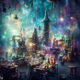 Create an image of a magical world filled with different types of artisan crafts.