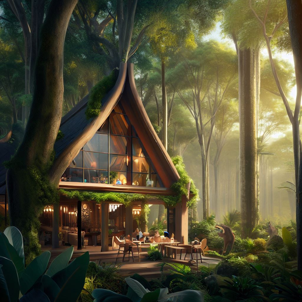 Create a unique and beautiful cafe in the heart of a lush forest surrounded by magnificent trees and diverse wildlife
