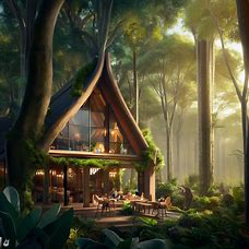 Create a unique and beautiful cafe in the heart of a lush forest surrounded by magnificent trees and diverse wildlife