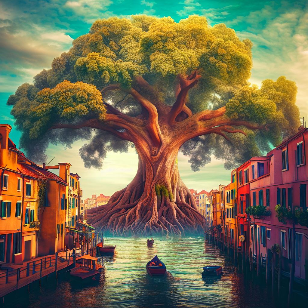 Imagine a massive tree growing in the heart of Venice, surrounded by winding canals and colorful buildings.