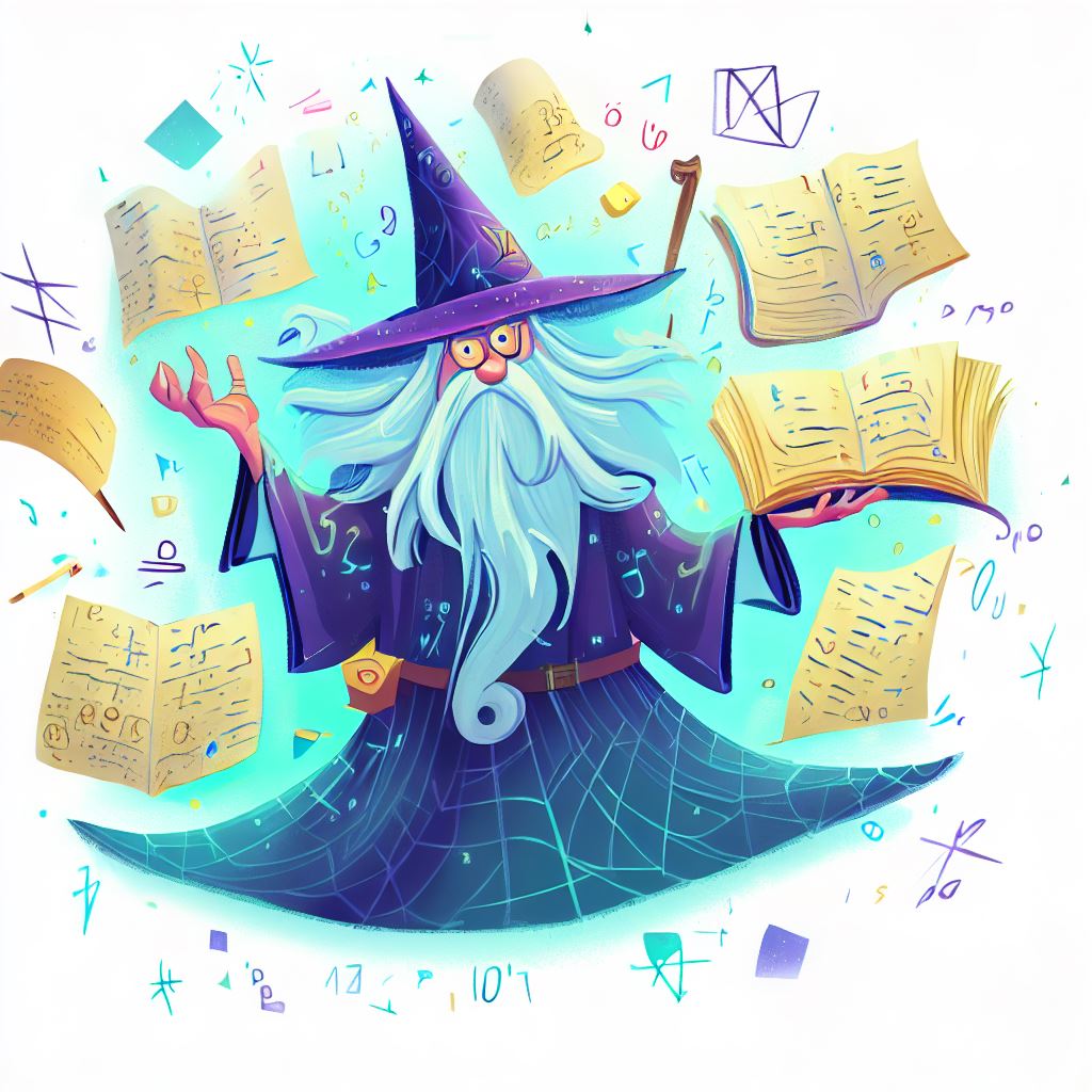 Create a whimsical illustration of a wizard surrounded by math equation worksheets