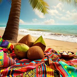 Create an image of an exotic picnic with colorful, patterned blankets set up on a warm beach and surrounded by cracked, juicy coconuts.. Image 2 of 4