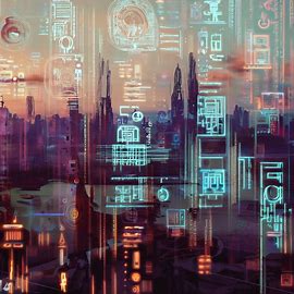 Create a futuristic cityscape with a mix of traditional and digital pictographs.. Image 4 of 4