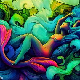 Create a stylized depiction of a mermaid lounging on a bed of vibrant, swirling algae in her underwater kingdom.. Image 1 of 4
