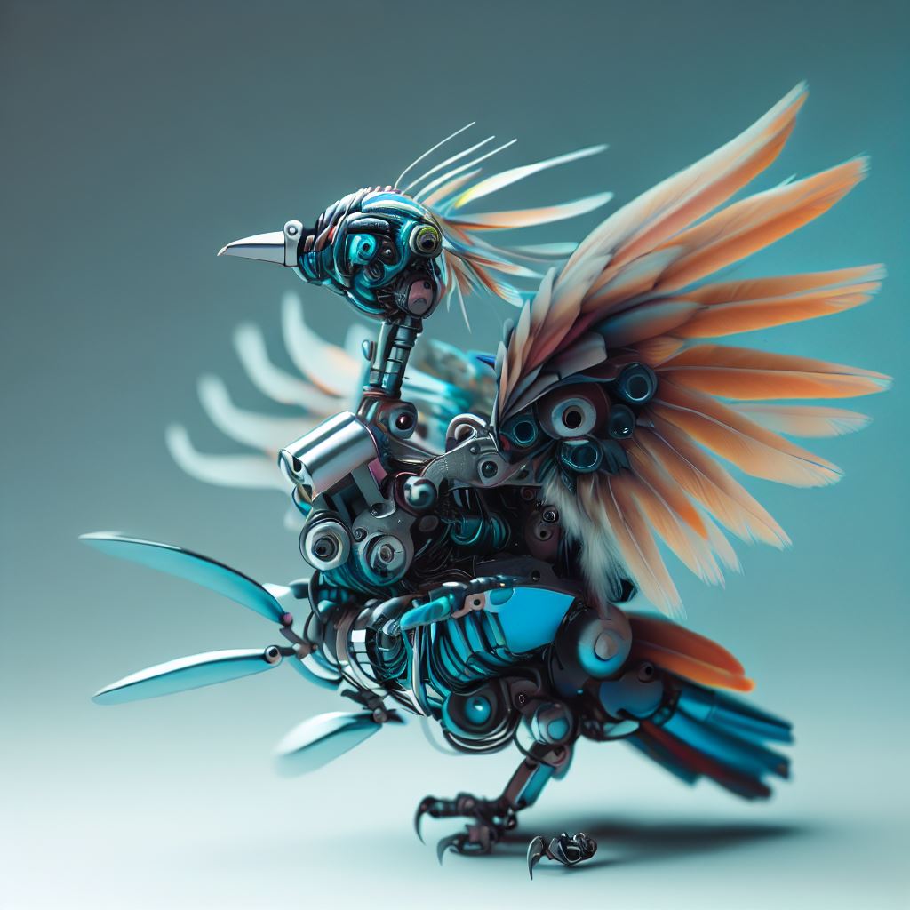 Create a robot that resembles a bird, with feathers and wings.。第 4 个图像，共 4 个图像