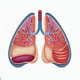Illustrate a cross section of a pair of lungs, showing different layers of the respiratory system, including blood vessels and air sacs.. Image 2 of 4