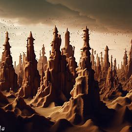 Create a surreal landscape populated by termites, with their mounds appearing as towering cities.. Image 4 of 4