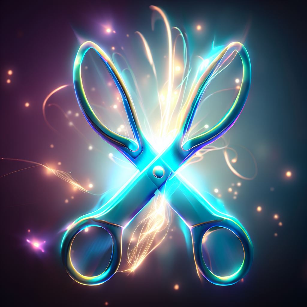 Visualize a pair of scissors with a magical glow that illuminates and transforms the world around it.