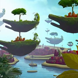 Create a surreal and happy landscape with plant life, water features and floating islands.. Image 4 of 4