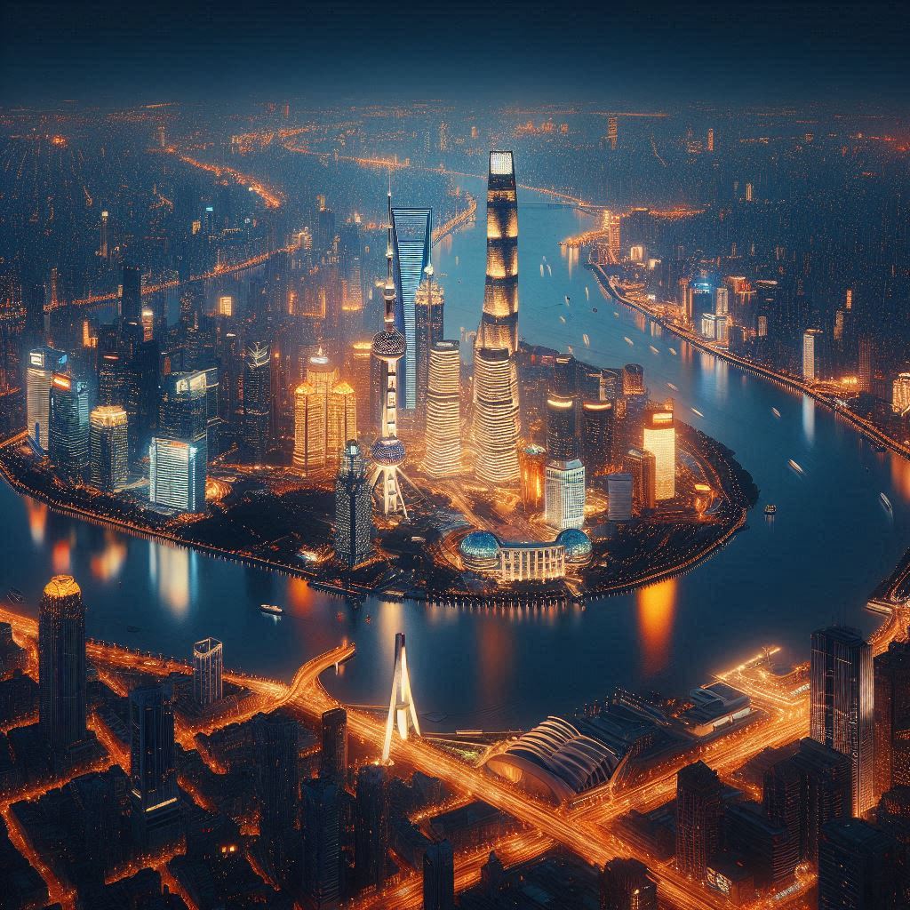 City skyline at night, with a large illuminated and a river sparkling below。第 4 个图像，共 4 个图像