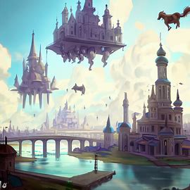 Draw me a fantastical scene in Moscow with floating palaces and flying horses.. Image 3 of 4