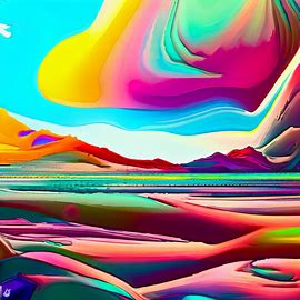 Design a surreal landscape filled with unusual and bright colors, depicting a world beyond our imagination.. Image 3 of 4