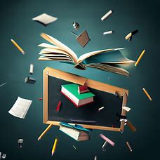 Create an image of a chalkboard with floating books, pens, and papers to represent the concept of teaching.