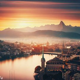 Create a breathtaking view of Zurich at sunrise with mountains in the background.. Image 3 of 4