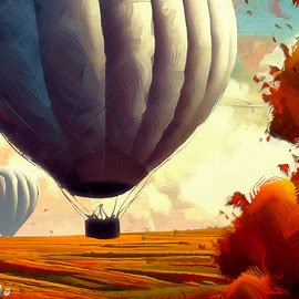 Paint a surreal autumn scene with a giant hot air balloon floating over a field of orange leaves.. Image 4 of 4