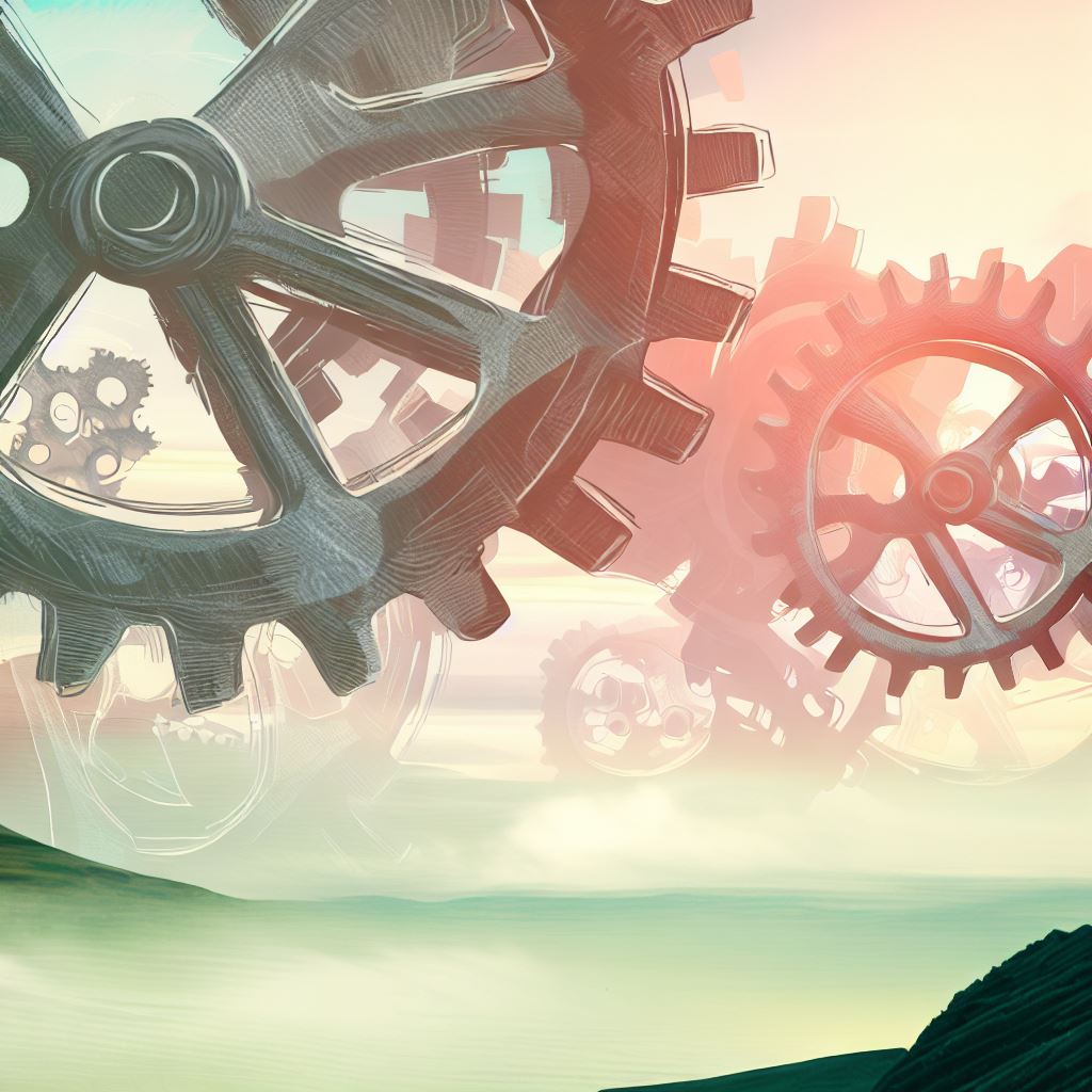 Create an image of an intricately designed gear system set against a dreamy landscape.