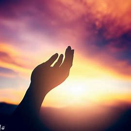 Create a beautiful and peaceful image of a person extending their hand in forgiveness against a sunset sky.. Image 2 of 4