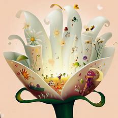 Create a whimsical illustration of a daisy petal opening to reveal a hidden world filled with bustling creatures and strange landscapes.