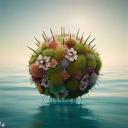 Create a sea urchin made entirely of flowers and plants, floating in a calm ocean.