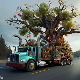 A truck designed specifically to transport a giant, magical tree across the country, with whimsical creatures and flora sprouting from its branches.. Image 4 of 4