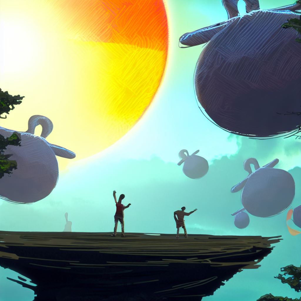 Draw a surreal landscape featuring a game of basketball played between floating islands and a glowing sun.。第 2 个图像，共 4 个图像
