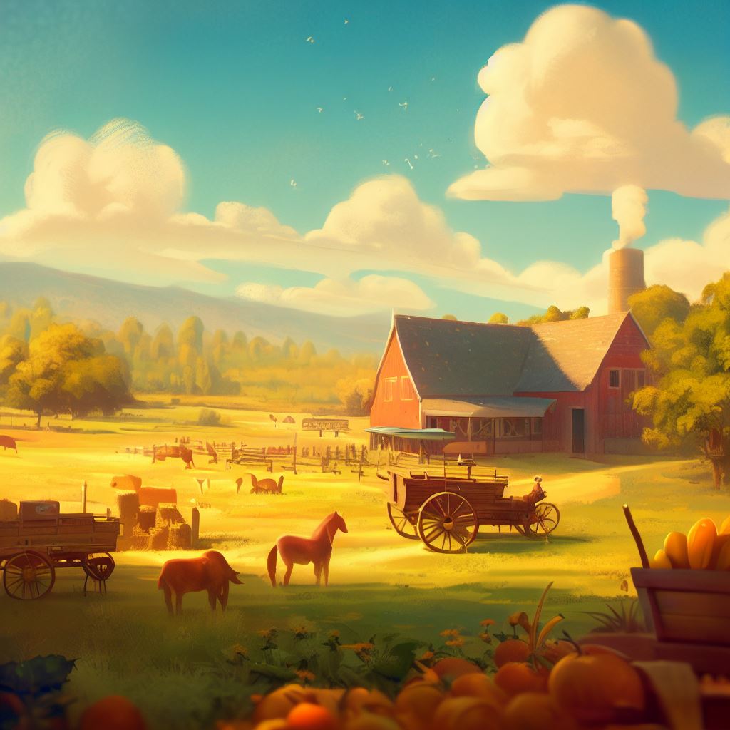 Imagine a nostalgic, sun-kissed farm with fields full of produce, animals and lots of blue sky.