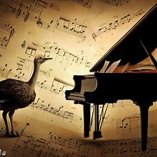 Create an image of an ostrich playing a grand piano, surrounded by classical music score pages.