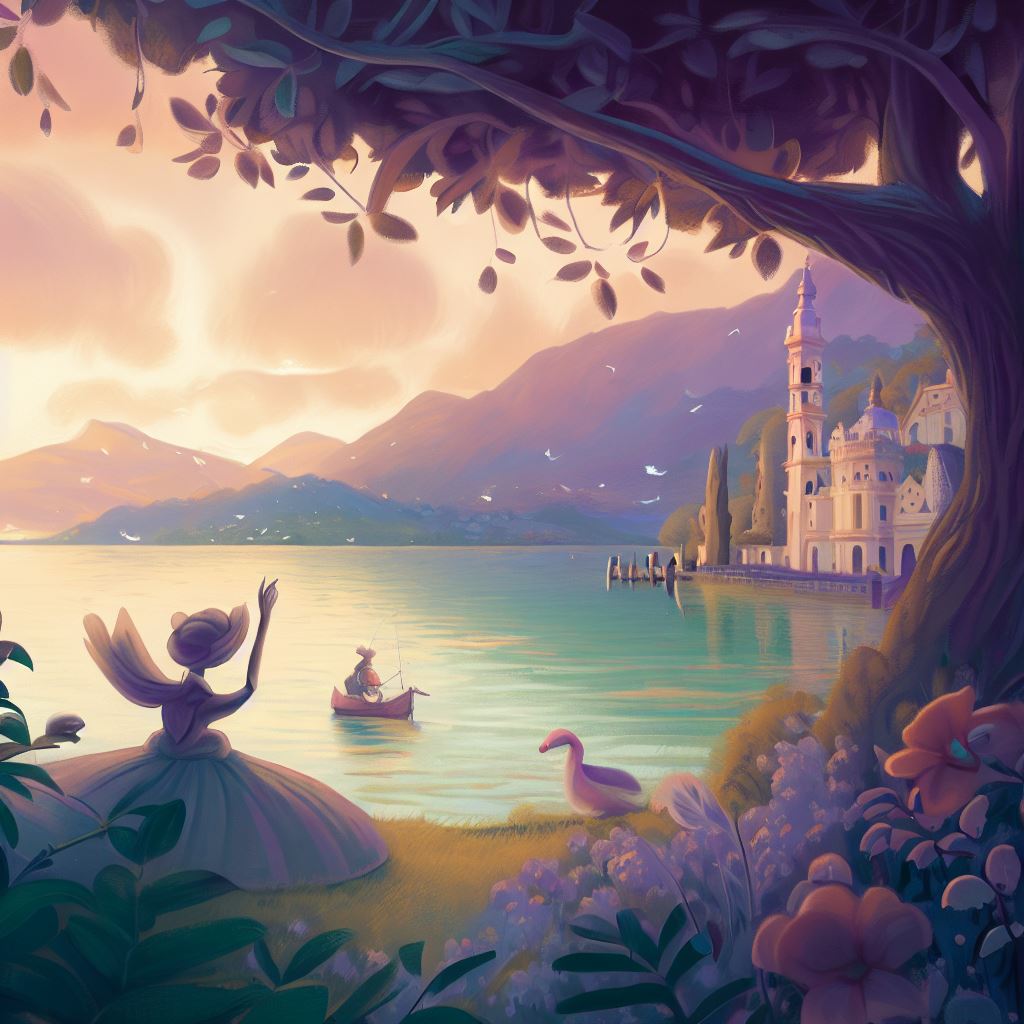Illustrate a whimsical fairy tale scene taking place along the shores of Lake Como.