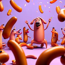 Imagine a sausage party where all the sausages are anthropomorphic characters enjoying a wild celebration.