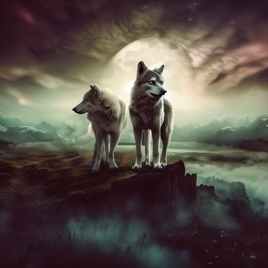 Create a surreal and mystical world where wolves roam freely and rule the land