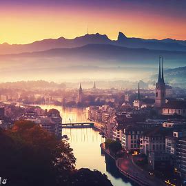 Create a breathtaking view of Zurich at sunrise with mountains in the background.. Image 1 of 4