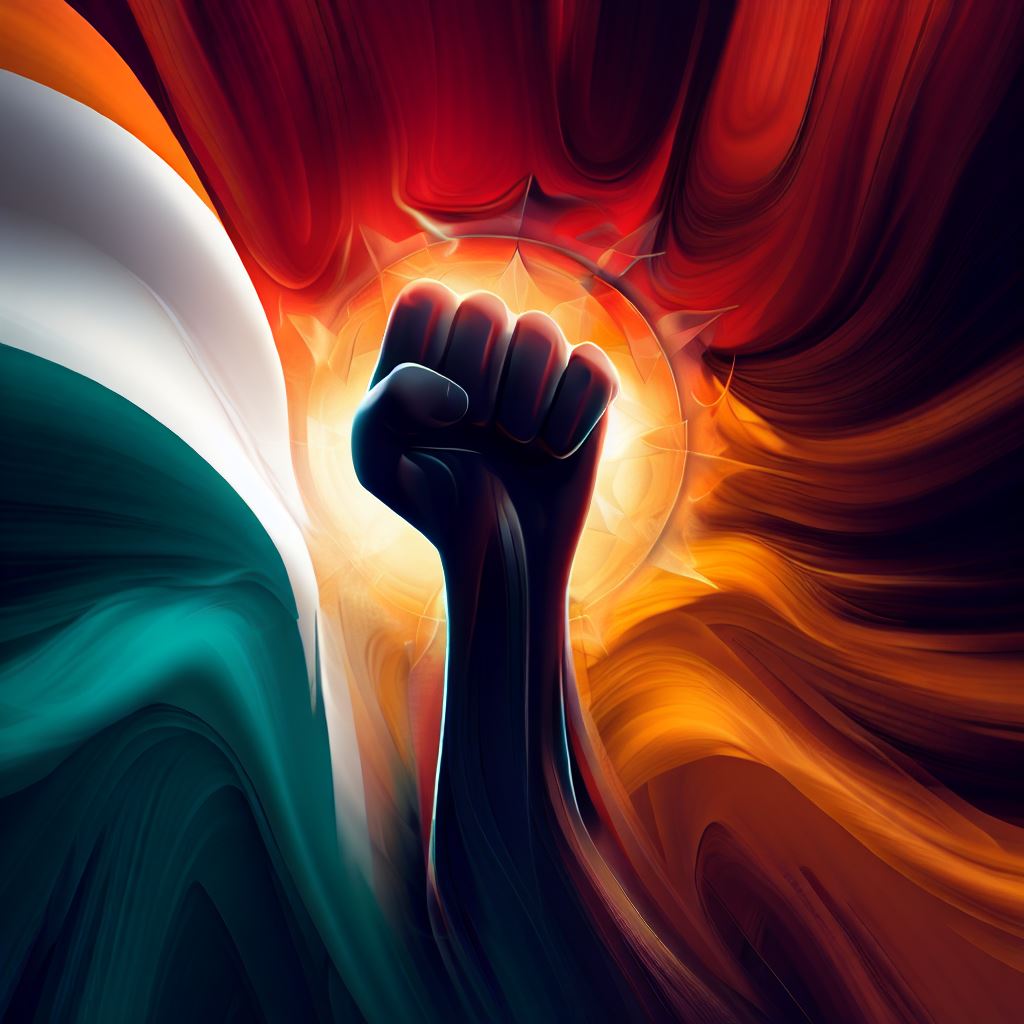 Create a powerful and inspiring illustration of a national flag with the symbol of unity and strength.