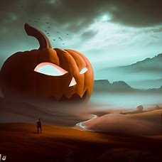 Create a surreal landscape with a giant pumpkin as the centerpiece.