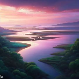 Draw an ethereal and enchanting estuary surrounded by lush green forests and pink sunsets. Image 4 of 4