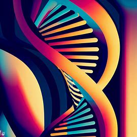 Reimagine the iconic image of the DNA double helix, transforming it into a bold, abstract design reflecting genetic diversity and evolution.. Image 4 of 4