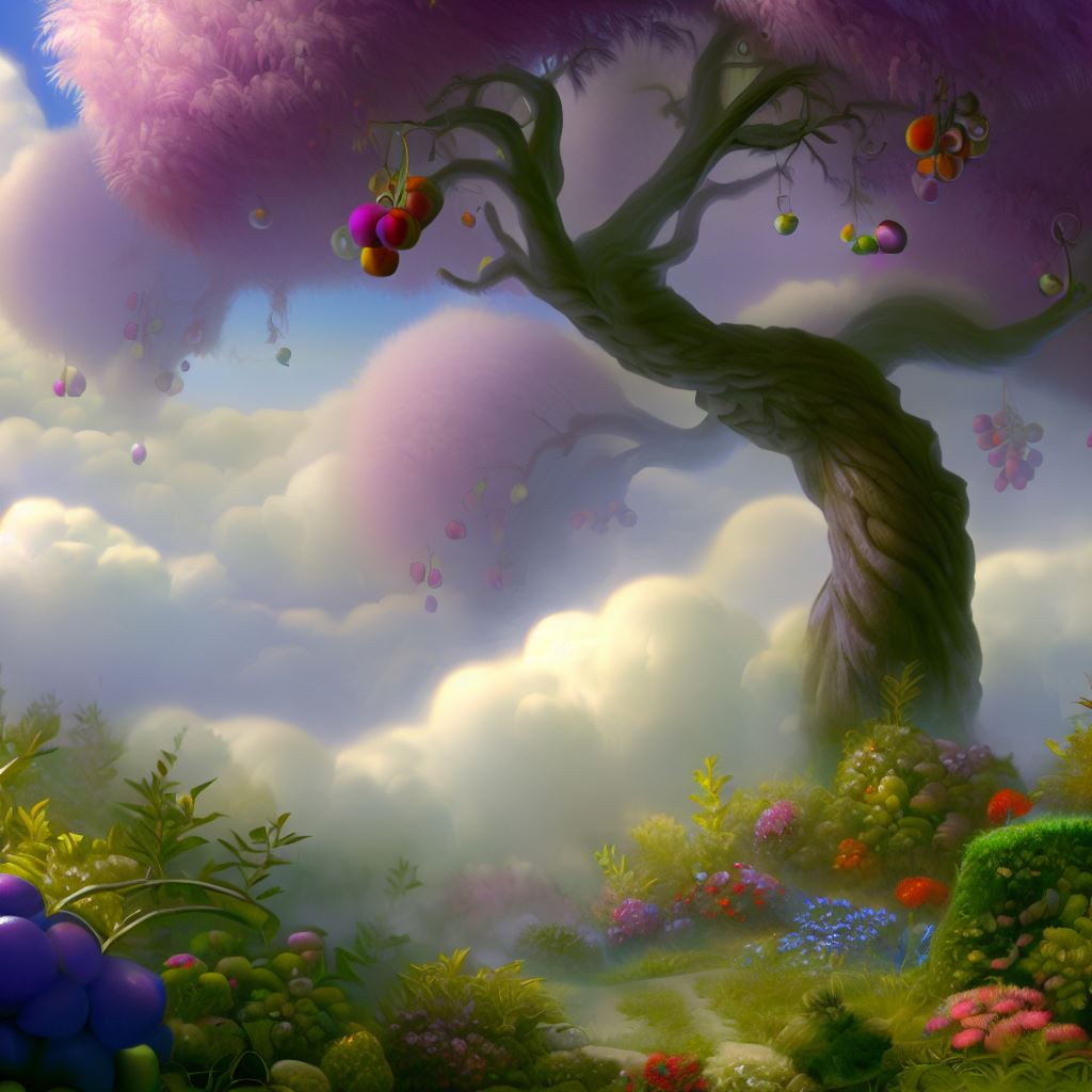 A whimsical garden in the clouds with a giant plum tree that produces luscious plums.