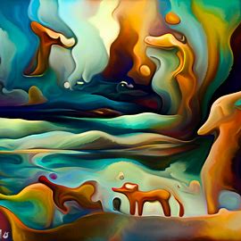 Paint a surreal landscape of an underwater world inhabited by abstract dogs.. Image 1 of 4