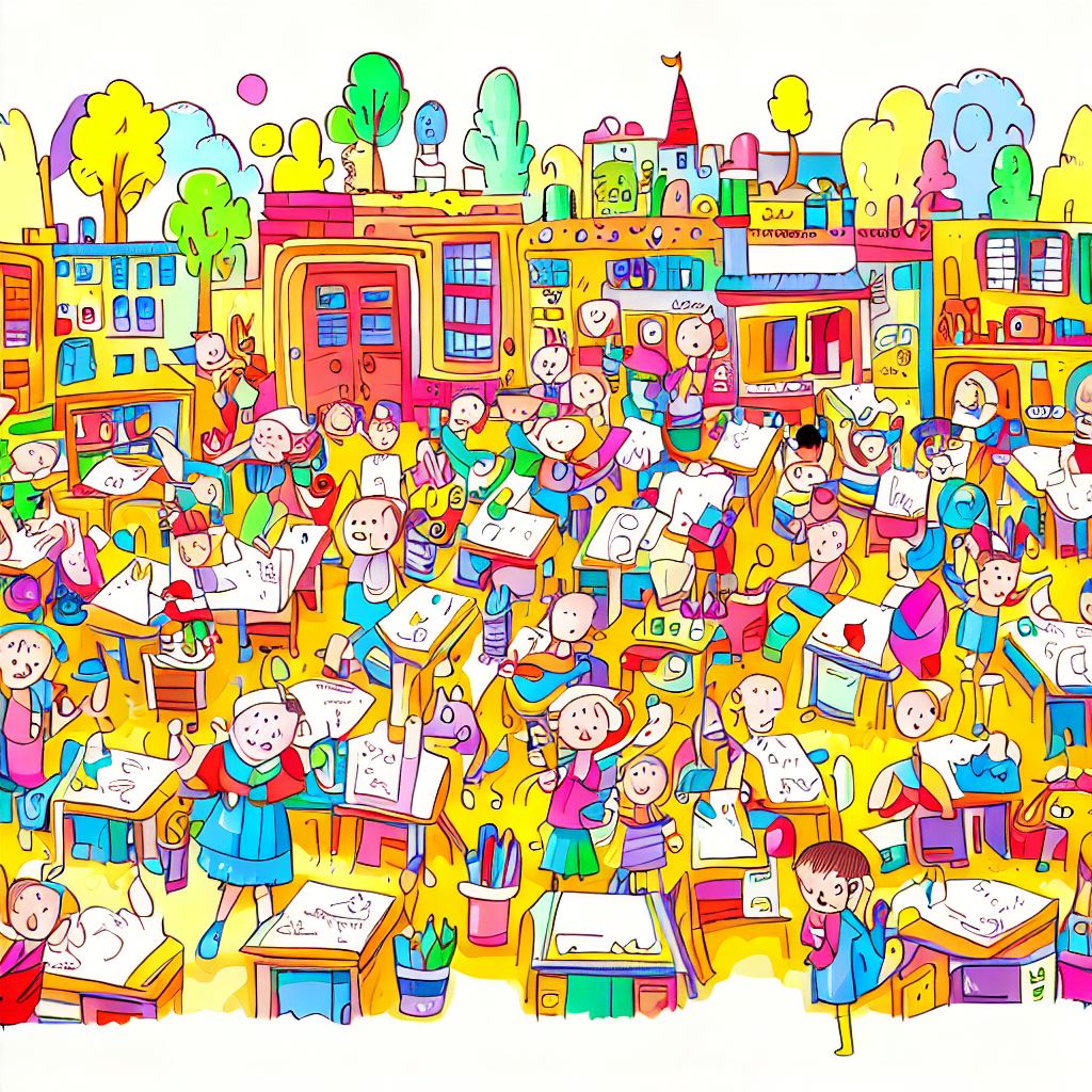 Draw a colorful illustration of a school filled with classrooms, children and teachers.