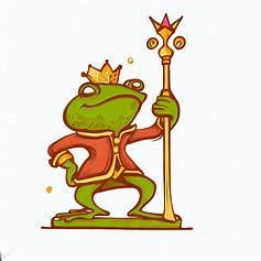 Design a whimsical frog prince with a king's crown and a gold sceptre, standing proudly on a pedestal.