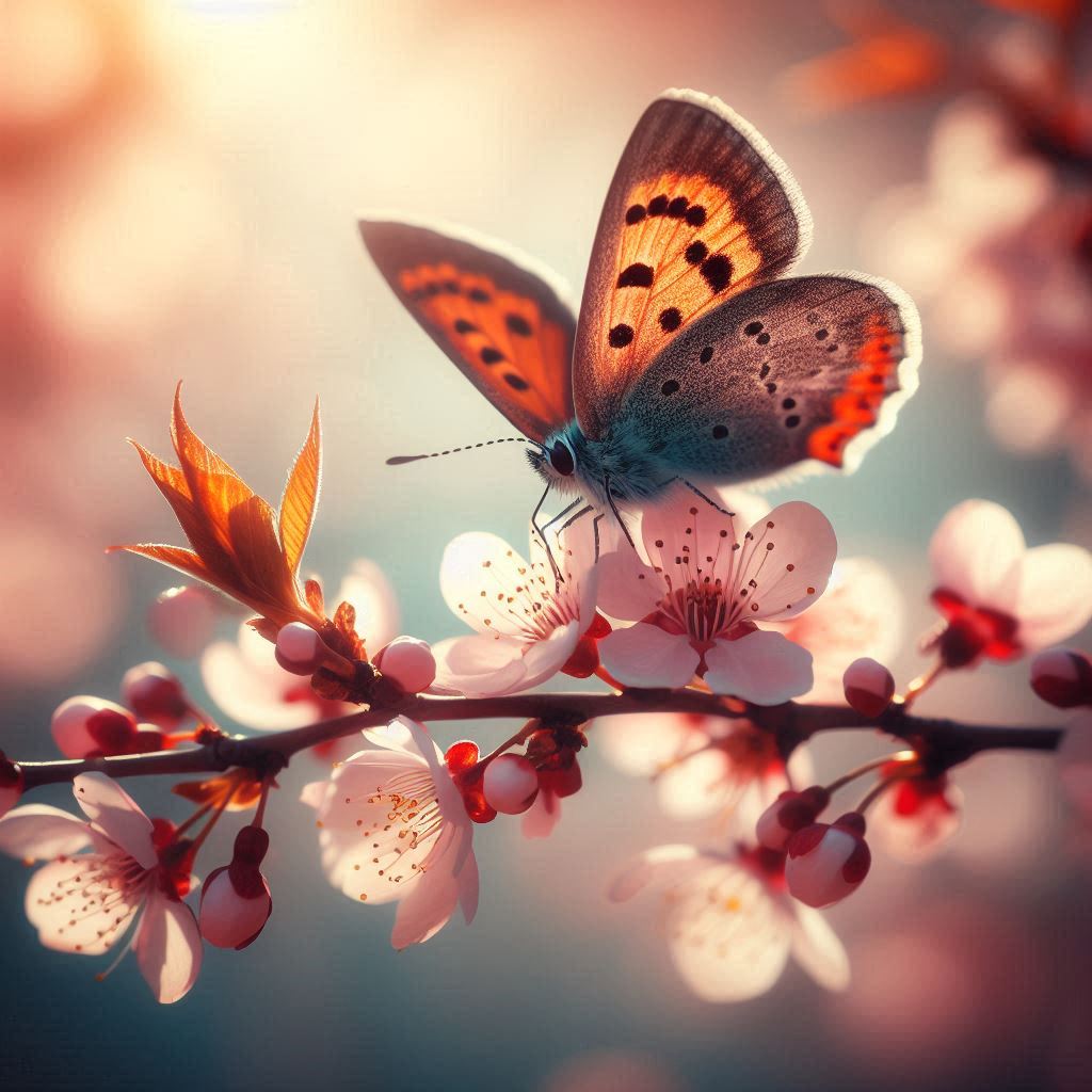 A butterfly landing on a blooming cherry branch