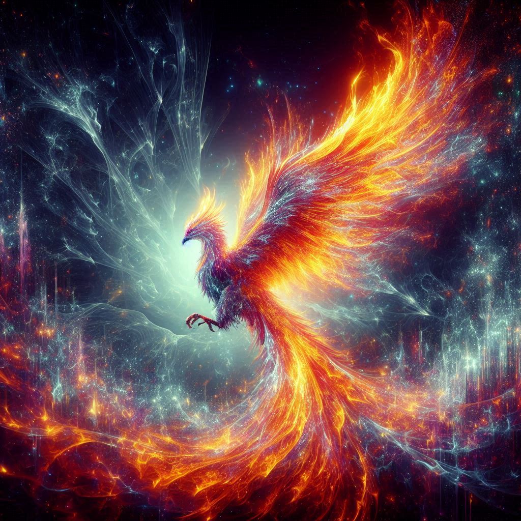 A majestic phoenix reborn from digital ashes in a blaze of holographic flames