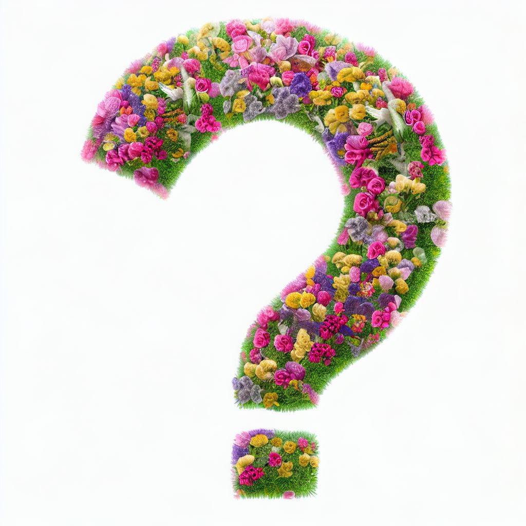 Show me an image of a question mark crafted from a beautiful garden of florals.