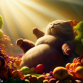 Create a surreal scene where a giant, jolly, oversize cat basks in a warm sunbeam surrounded by heaps of plump, juicy fruits.. Image 4 of 4