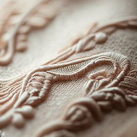 A close-up of a delicate and intricate piece of embroidery on a soft, textured fabric. Image 2 of 4