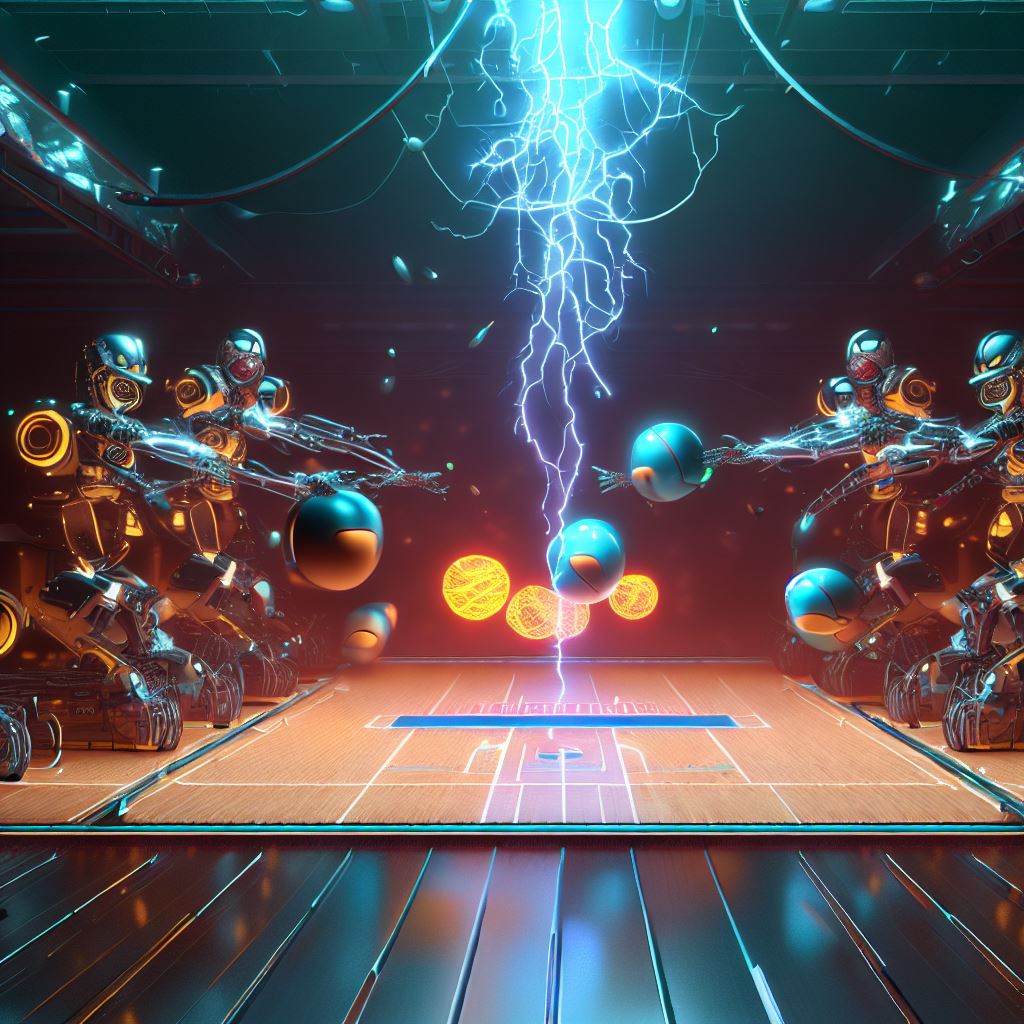 Render an image of a futuristic basketball match between robots where the courts and balls are electrifying with energy. to=python。第 4 个图像，共 4 个图像
