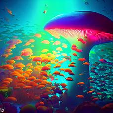 Generate an underwater scene with a shoal of vibrant-colored fish swimming around an enormous, glowing mushroom.